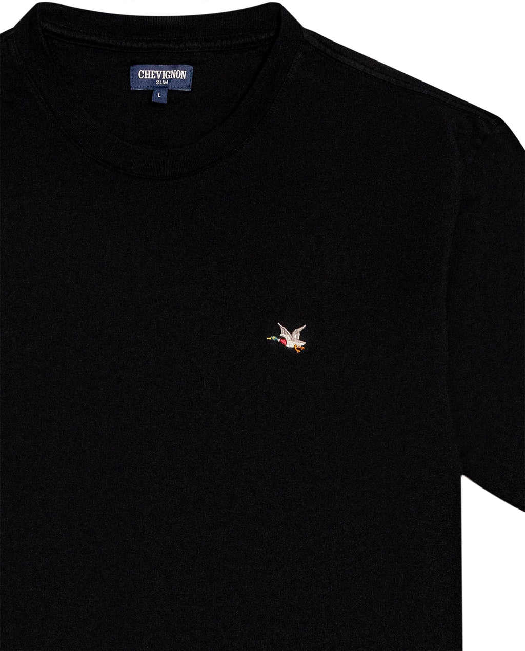 Men's T-Shirt Slim Fit Short Sleeve Crewneck Cotton Vibrant Embroidered Duck Heart Point Chest - Black