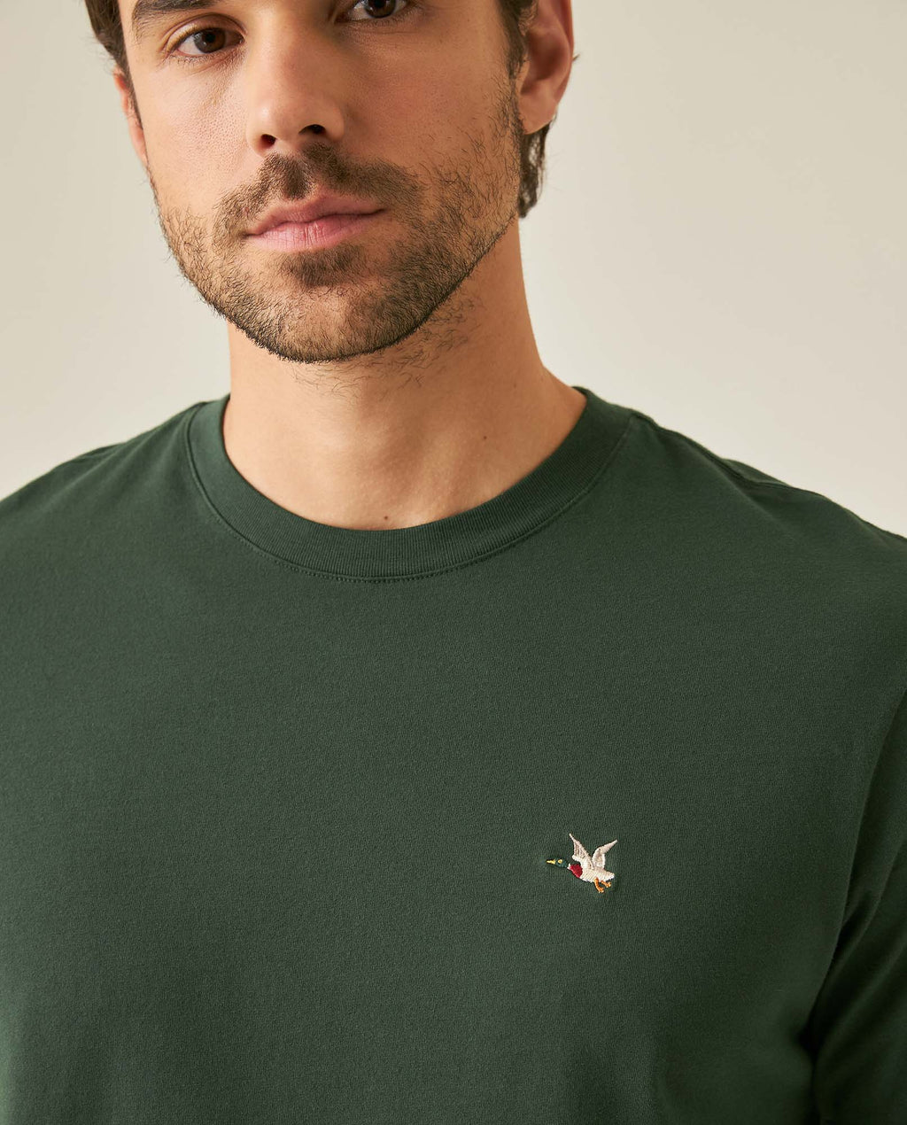 Men's T-Shirt Slim Fit Short Sleeve Crewneck Cotton Vibrant Embroidered Duck Heart Point Chest - Dark Green