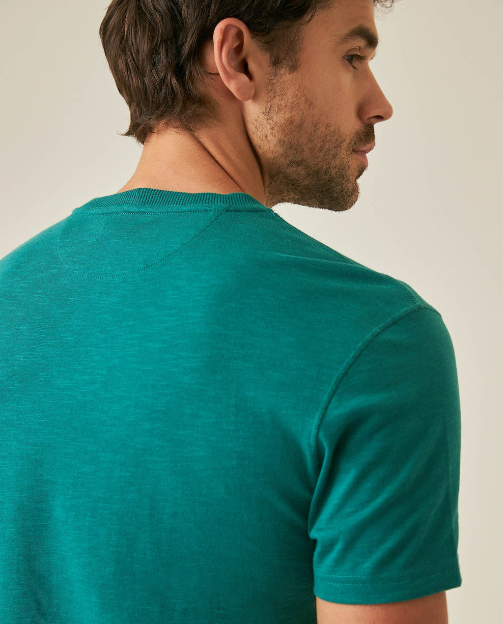 Men's T-Shirt Slim Fit Short Sleeve Cotton Subtle Slub Heavy Rib Collar Printed Front Graphic Seam Details - Green