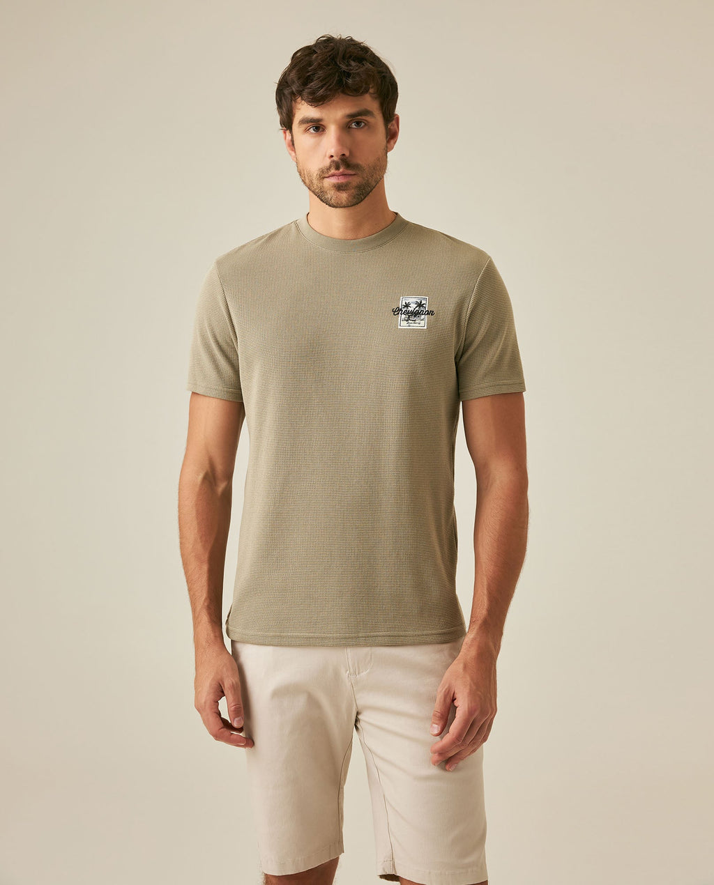 Men's T-Shirt Slim Fit Short Sleeve Cotton Polyester Waffle Texture Chest Embroidery Overlay Label - Green