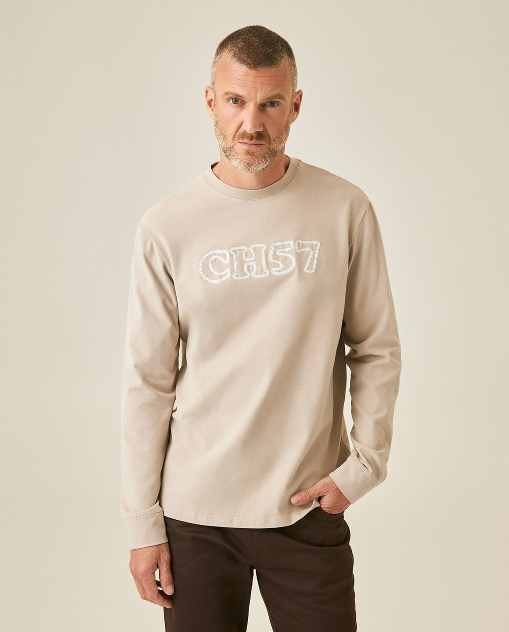 Men's T-Shirt Long Sleeve Classic Fit Cotton Elastane Jersey Heavy Chain Stitch Embroidered Graphic - Gray
