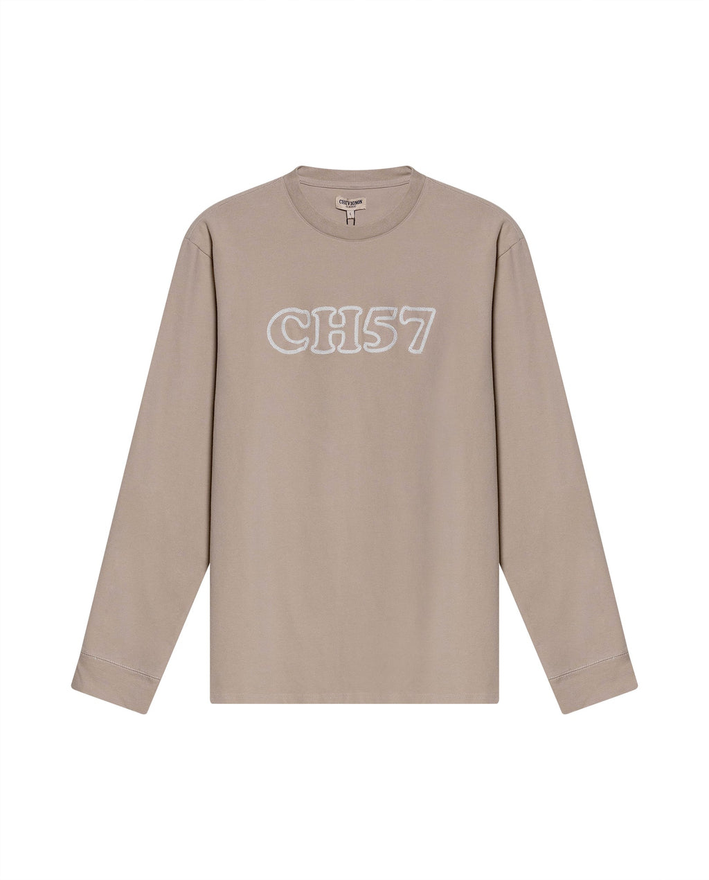 Men's T-Shirt Long Sleeve Classic Fit Cotton Elastane Jersey Heavy Chain Stitch Embroidered Graphic - Gray