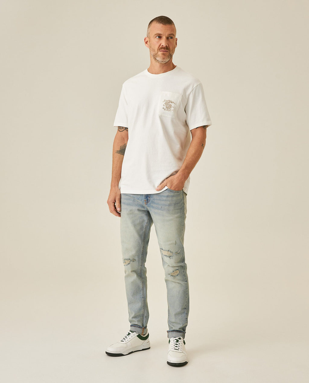 Men's T-Shirt Classic Fit Short Sleeve Cotton Jersey Medium Weight Embroidered Graphics Both Sides Pocket - Raw