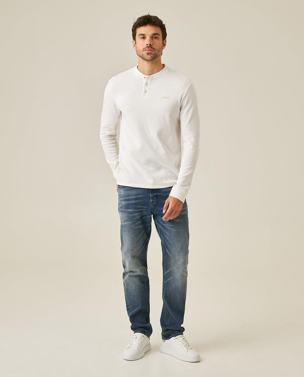 Men's T-Shirt Slim Fit Long Sleeve Henley Collar Cotton Elastane Knitwear Simulation Tone on Tone Buttons - Raw