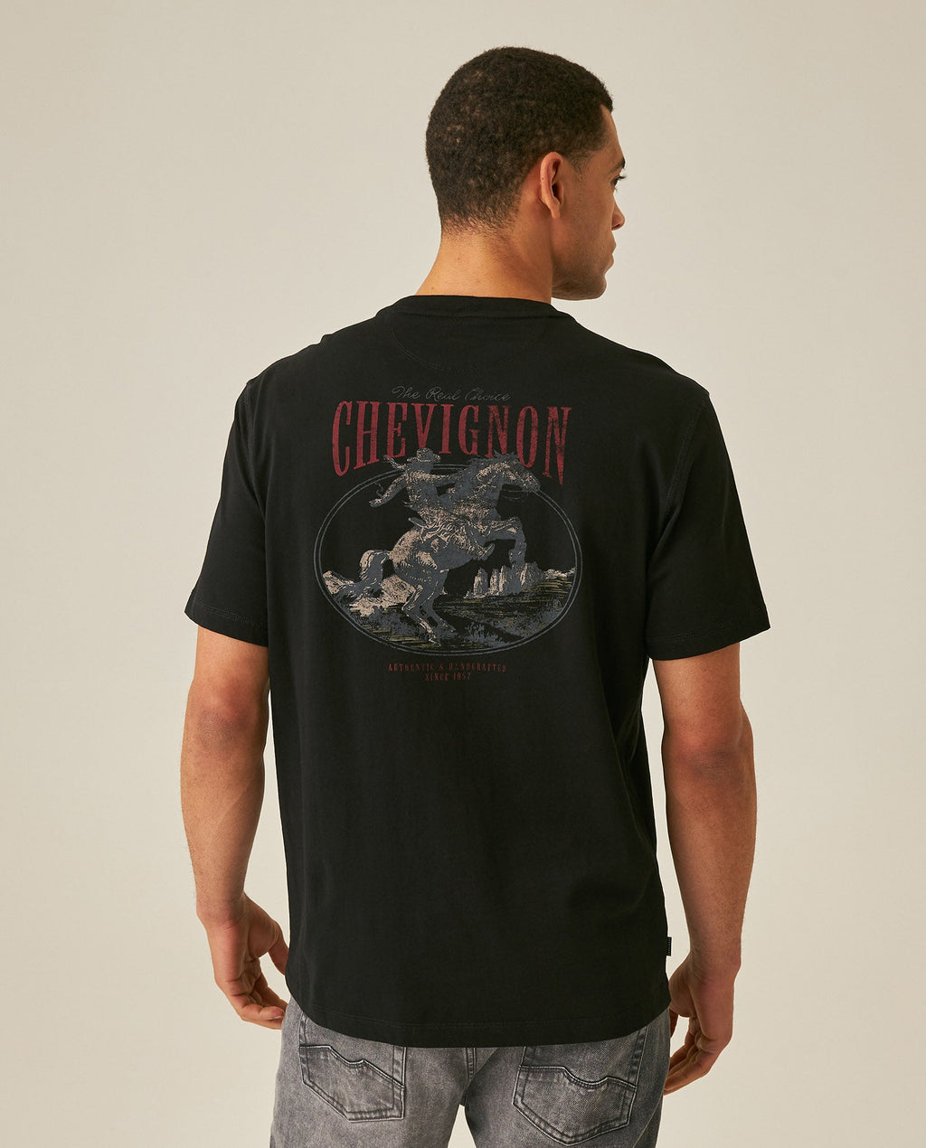 Men's Rodeo T-Shirt Classic Fit Short Sleeve Cotton Jersey Toscana Medium Weight Decorative Seams - Black